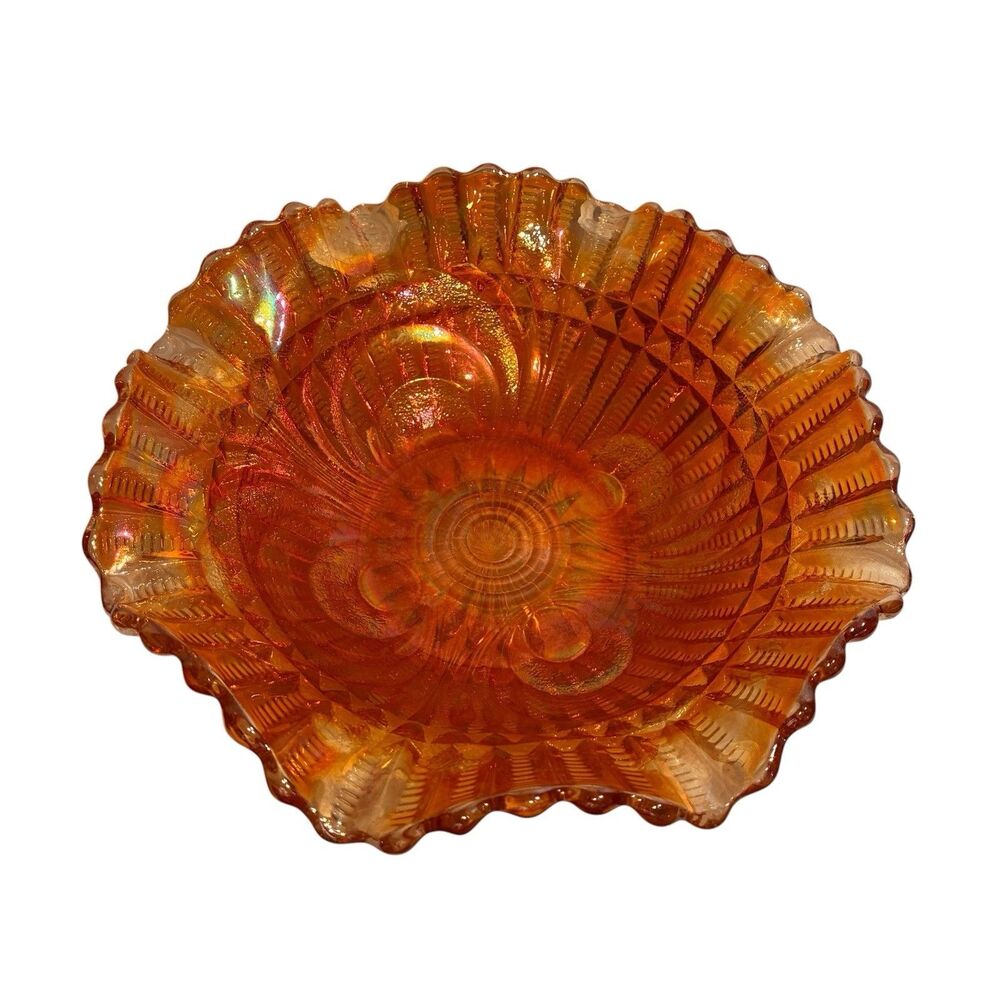 Vintage Rainbow Iridescent Marigold Carnival Glass Scalloped Edge Bowl. 8”